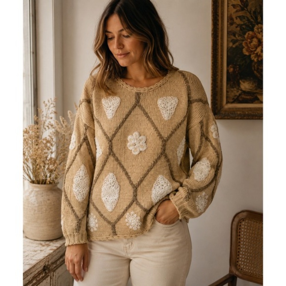 Vintage 90s Casual Corner Embellished Sweater Oversized Boho Pearl Appliqué L